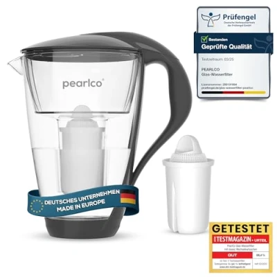 Abbildung von PearlCo Glas Wasserfilter (anthrazit) Glaskanne mit 1 Classic Filterkartusche Reduzierung von Kalk &amp; Schwermetall Schützt Geräte Besserer Geschmack Kaffee Tee Made in EU