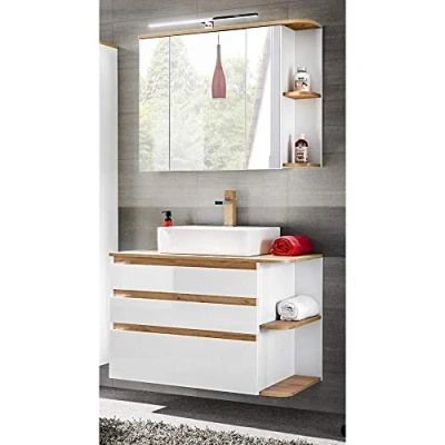 Abbildung von Lomadox Badmöbel Set CAMPOS 56, (Spar Set, 4 St), mit Keramik Waschtisch Hochglanz weiß Wotaneiche 94/200/50 cm