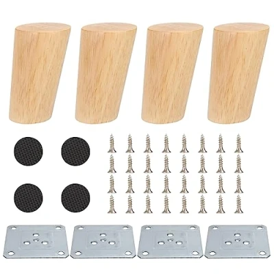 Abbildung von 4 Stück Möbelfüße Holz Schräg 8cm Möbelbeine Konisch Massivholz Ersatz Holzbeine Tischbeine mit Montageplatten und Schrauben Filzgleiter Schrank Füße für Sofa, Bett, Couch