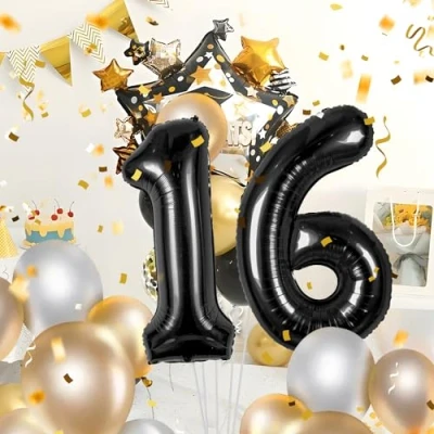 Abbildung von 16 Geburtstag Deko zahlen luftballon jahre Folienballon Schwarz für 16. Geburtstagsdeko Männer Frauen Ballon Zahl zum fliegt mit Helium 16.Geburtstagsparty 40&quot; 101cm