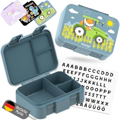 Abbildung von BEARFOOT Lunchbox Brotdose mit Fächern, leicht &amp; auslaufsicher Traktor, PP, ABS, Silikon, Kindergarten und Schule Mädchen Jungen, Vesperbox, Snackbox