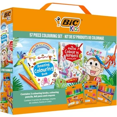 Abbildung von BIC Kids Stifte Set mit Malbuch: 18 Buntstifte, Filzstifte, Malkreiden, 3 Malbücher und 50 Sticker