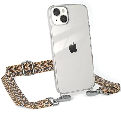 Abbildung von EAZY CASE Handykette Verstellbares Taschenband kompatibel mit iPhone 14 Plus, Schulterriemen, Handykordel Silikon Hülle, Umhängetasche, Hell Braun/Braun Clips Silber