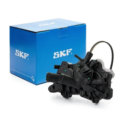 Abbildung von SKF VKPA 81341 Wasserpumpe 28 mit Dichtungen Riemen, Thermostat in verbaut Kunststoff Gehäuse VOLKSWAGEN: Polo V Schrägheck
