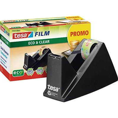 Abbildung von tesa Easy Cut Economy Klebebandabroller mit ecoLogo für Tische/Ökologischer Tischabroller Anti Rutsch Technologie Klebefilm bis 10 m x 15 mm