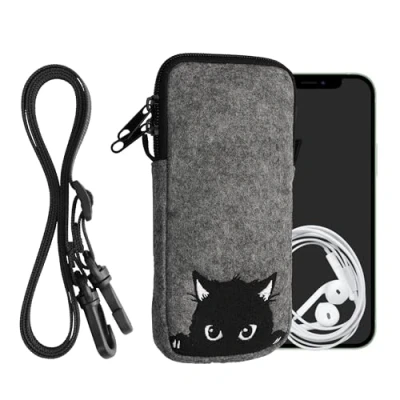 Abbildung von kwmobile Handytasche für Smartphones XXL 7&quot; Filz Handy Hülle Grau Schwarz Tasche mit Kette 17,7 x 8,5 cm Innenmaße Neugierige Katze