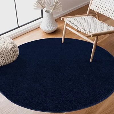 Abbildung von SANAT Kurzflor Teppich Wohnzimmer Uni Modern Teppiche fürs Schlafzimmer, Arbeitszimmer, Büro, Flur, Kinderzimmer und Küche Marine, 150 cm Rund