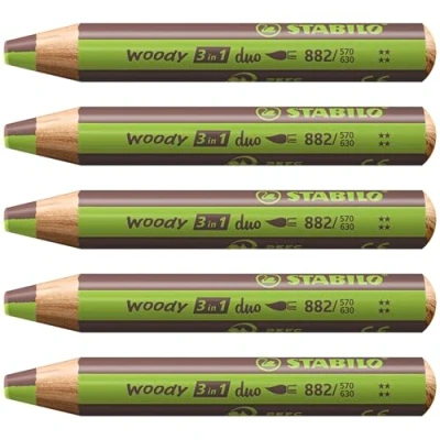 Abbildung von duo Buntstift, Wasserfarbe &amp; Wachsmalkreide STABILO woody 3 in 1 zweifarbige Mine 5er Pack hellgrün/braun