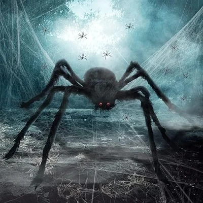Abbildung von Halloween Spinne Dekorationen, Riesige schwarze 150cm Dekoration + 60g Dehnbare weißen Spinnenweben 10 Fake Spinnen, für Halloweenparty von Tisch, Haus und Garten
