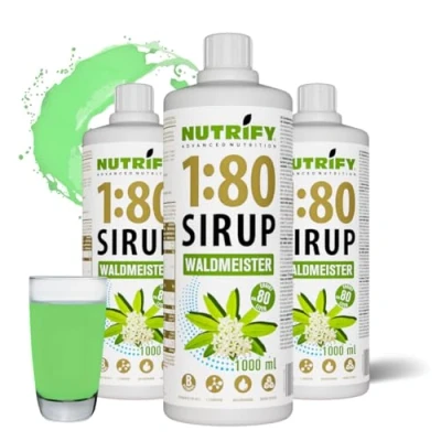 Abbildung von NUTRIFY Vital Fitness Drink 1:80 Sirup 3x 1 L Vorteilsset Waldmeister, Getränkekonzentrat mit Vitaminen und Carnitin zuckerfrei ergibt 240 Liter Sportgetränk kalorienarm 3er Pack, 1000 ml