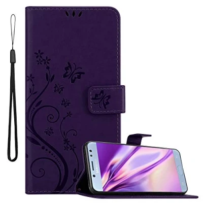 Abbildung von Cadorabo Hülle kompatibel mit Samsung Galaxy J5 2017 Blumen Design aus Kunst Leder Flip Klappbare Stoßfeste Magnetische [Standfunktion] [Kartenfächern] Cover für Tasche in Lila