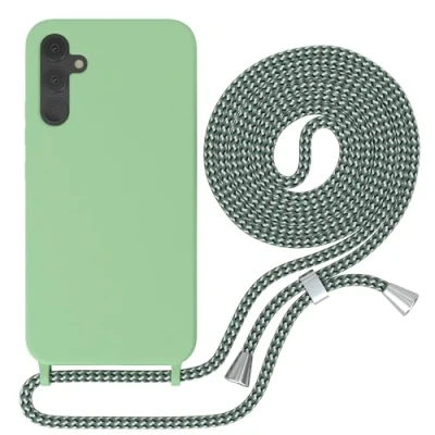 Abbildung von EAZY CASE Liquid Silikon Handykette kompatibel mit Samsung Galaxy A34 Soft Slim Cover, 3 Schichten Kratzfest in Grün Halsband Hellgrün Camouflage Metallstücke Silber