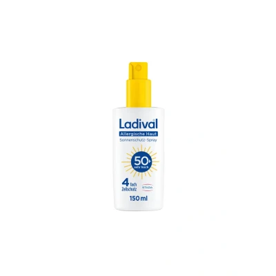 Abbildung von Ladival Allergische Haut Sonnenschutz Spray LSF 50+ für den Körper bei Sonnenallergie und Mallorca Akne, wasserfest, mit einzigartigem 4 fach Zellschutz, 150ml
