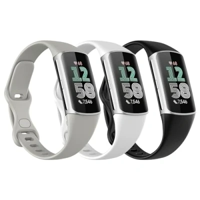 Abbildung von Astorgos 3 Stück Uhrenarmbänder Kompatibel mit fitbit charge 6/fitbit 5, Weich TPE Verstellbar Armband Schlank Dünn Atmungsaktiv Ersatzarmband, Schwarz/Rock Grau/Weiß