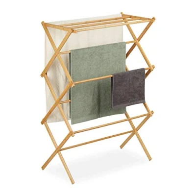 Abbildung von Relaxdays Standtrockner, mit 11 Stangen auf 6, HBT: 106 x74 x 36 cm, Natur, Faltbarer Handtuchhalter Bambus 3 Etagen