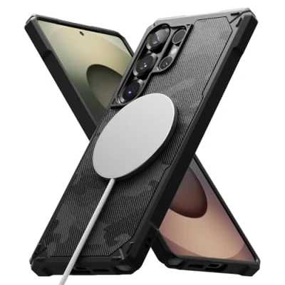 Abbildung von Ringke Rugged Gear Magnetic Case [Kompatibel mit MagSafe] für Samsung Galaxy S25 Ultra Hülle, Tarnmuster Robuste Stoßfest Bumper Fester Griff Rutschfest Hülle Magnet Ladegerät/Zubehör Camo Black