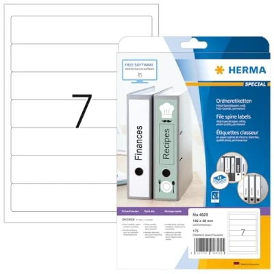 Abbildung von HERMA 4825 Ordnerrücken Etiketten kurz schmal, 25 Blatt, 192 x 38 mm, 7 pro A4 Bogen, 175 Stück, selbstklebend, bedruckbar blickdicht Inkjet Ordneretiketten Rückenschilder Spezialpapier Aufkleber weiß
