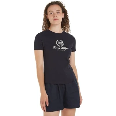 Abbildung von Tommy Hilfiger SLIM FLAG Script TEE Tshirt print, Damen, Größe: Small, Desert sky