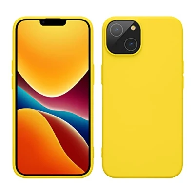 Abbildung von kwmobile Hülle für das iPhone 14 weiche gummierte TPU Silikon Handyhülle stoßfeste Schützhülle kabelloses Laden Strahlend Gelb