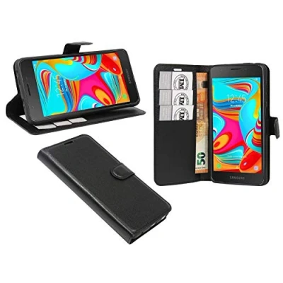 Abbildung von cofi1453® Buch Tasche Fancy kompatibel mit Samsung Galaxy A2 CORE (A260G) Handy Hülle Etui Brieftasche Schutzhülle Standfunktion, Kartenfach Schwarz