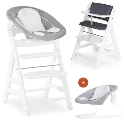 Abbildung von hauck Hochstuhl Alpha Plus Newborn Set mit 2in1 Bouncer Mitwachsender Holz Babyhochstuhl ab Geburt, inkl. Sitzauflage &amp; Neugeborenenaufsatz Weiß