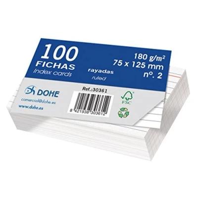 Abbildung von Dohe 30361 Packung mit 100 Karteikarten, Papier liniert, weißer Fotokarton, 180 g, Nr. 2, 75 x 125 mm