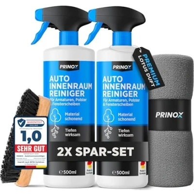 Abbildung von PRINOX® Profi Auto Innenraum Reiniger Set 2 x 500ml Cockpitpflege für die Innen Reinigung von Kunststoff, Polster, Leder &amp; Armaturen Autopflege Innenraumreiniger mit Bürste Cockpit