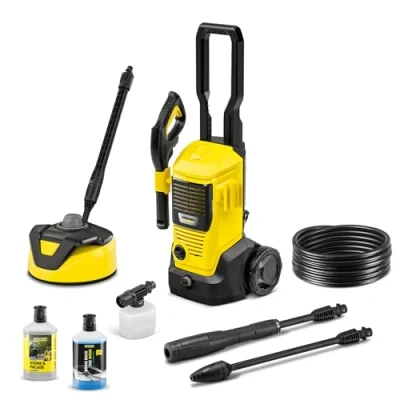 Abbildung von Kärcher Hochdruckreiniger K 4 FJ Home, Druck: max. 130 bar, Fördermenge: 420 l/h, Flächenleistung: 30 m²/h, Wasserfilter, Gewicht: 5,7 kg, HD Pistole, Dreckfräser, VPS, Schaumdüse, Home Kit