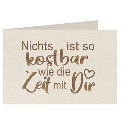 Abbildung von myZirbe Holzkarte KOSTBARE ZEIT MIT DIR Besondere Grußkarte, Liebeskarte, Jahrestags Karte, Freundschafts Postkarte, Geschenkkarte, Klappkarte, Einladung Holzart:Ahorn
