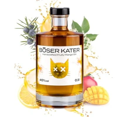 Abbildung von Böser Kater Fruity Mango Gin, Perfekt als Gin &amp; Tonic Cocktail, Fruchtiger Geschmack, Ideal Geschenk, Kleine Auflage, Handgemachter Katzen 0,5l 40% Vol.
