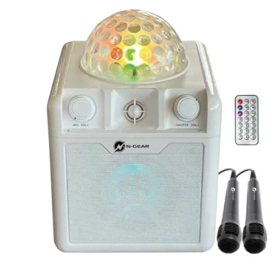 Abbildung von N Gear DISCO410 Karaoke &amp; Party Bluetooth Lautsprecher mit Discokugel, Mikrofon und Power Bank Funktion, Weiß