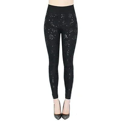 Abbildung von dy_mode Highwaist Leggings Damen Schwarz mit Glanz Wet Look Druck Muster Frauen Leggins elastischem Bund