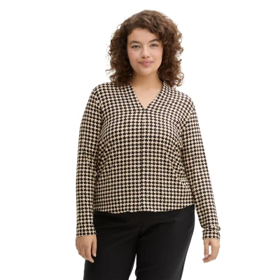 Abbildung von TOM TAILOR Damen Plussize Longsleeve mit V Ausschnitt, 36887 Beige Geometric Minimal, 52