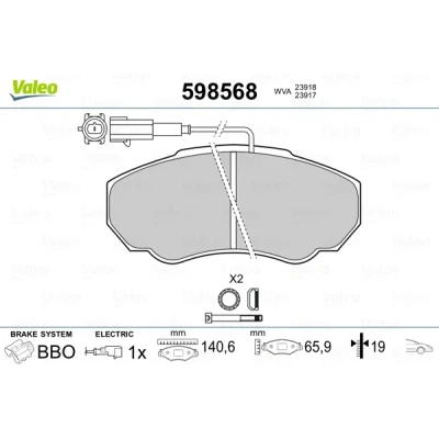 Abbildung von VALEO 598568 Bremsbelagsatz Vorderachse inkl. Verschleißwarnkontakt ohne Anti Quietsch Blech mit Gleitschienen FIAT: Ducato II Kastenwagen