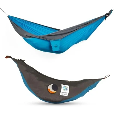 Abbildung von Fallschirmhängematte King Size Original seit 1996 Aqua/DUNKELGRAU Groß und Komfortabel 320 x 230 cm, nur 700 g Schneller Aufbau &lt; 1min Camping, Hängematte