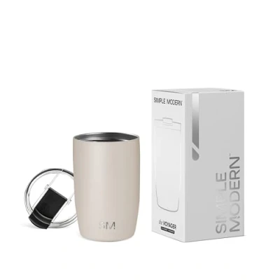 Abbildung von SIMPLE MODERN Reisebecher für Kaffee Trinkbecher Becher mit Klappdeckel Isolierter EdelstahlEiskaffeebecher Geschenke Frauen und Männer Voyager Sammlung 350ml Almond Birch