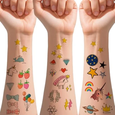 Abbildung von Aivoch 30 Blatt 120+ Stile Kinder Bunte temporäre Tattoos für Mädchen Jungen, niedliche Tiere, Sterne, gefälschte Tattoos, Aufkleber, sicher, ungiftig, wasserdicht, Kindergeburtstag,