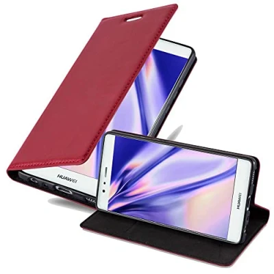 Abbildung von Cadorabo Hülle kompatibel mit Huawei P9 aus Premium Kunst Leder Flip Klappbare Stoßfeste Magnetische [Standfunktion] [Kartenfächern] Cover für Tasche in Rot