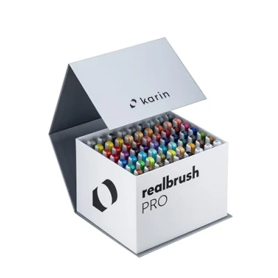 Abbildung von KARIN Realbrush PRO Mega Box 60 Farben + 3 Blender in einer exklusiven Verpackung für den einfachen Gebrauch.