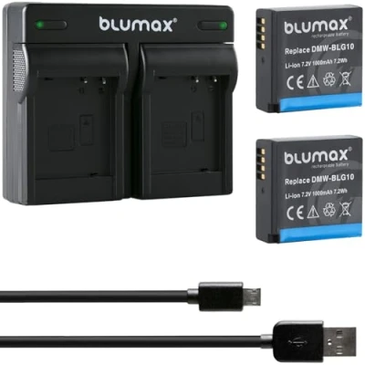 Abbildung von Blumax 2X Akku ersetzt Panasonic DMW BLG10 e 1025mAh + Mini Dual Ladegerät kompatibel mit DC TZ95D GX9 TZ202 TZ91 DMC TZ101 TZ81 GF6 GX7 GX80 LX100 G110