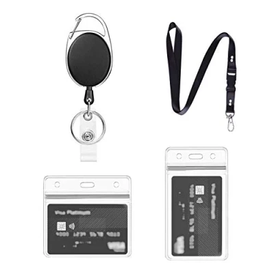 Abbildung von Einziehbarer Ausweishalter und Lanyard mit Kartenhalter, 1 Set Lanyard, Schlüsselband Ausziehbar Durchsichtigen Wasserdichten Ausweishülle, für Schlüssel,ID Card Holder (Schwarz A01)