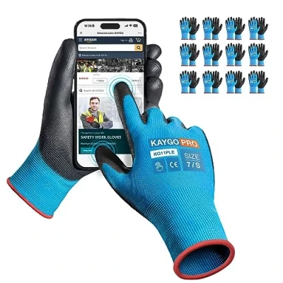 Abbildung von KAYGO 12 Paar Arbeitshandschuhe Touchscreen PU beschichtet Schutzhandschuhe, antirutsch Griff an Handflächen und Fingern, Geeignet für DIY allgemeine Arbeit Gartenarbeit (Blau, S, Gr 7)