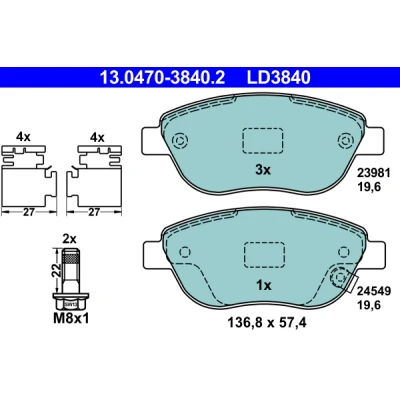 Abbildung von ATE Ceramic 13.0470 3840.2 Bremsbelagsatz mit akustischer Verschleißwarnung Bremssattelschrauben Zubehör OPEL: Corsa D Schrägheck, FIAT: 500L