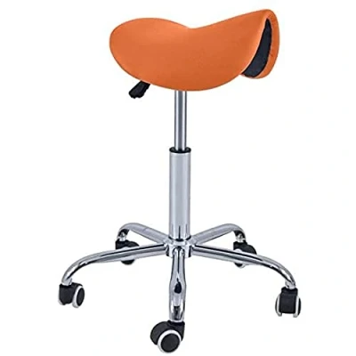 Abbildung von QUIRUMED Pony Hocker mit 5 Rädern, Chromgestell, orange Farbe, Kunstlederpolsterung, höhenverstellbar, leicht, ergonomisches Design, drehbar, bis zu 150 kg