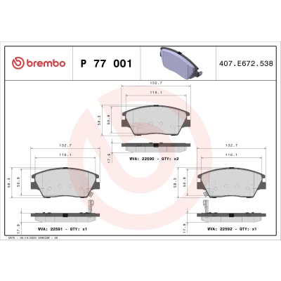 Abbildung von BREMBO P 77 001 Bremsbelagsatz mit akustischer Verschleißwarnung ohne Zubehör SSANGYONG: Tivoli SUV, Korando IV XLV SUV