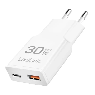 Abbildung von LogiLink USB Wall Charger, GaN, 2port, AF &amp; CF, PD 30W, slim, white