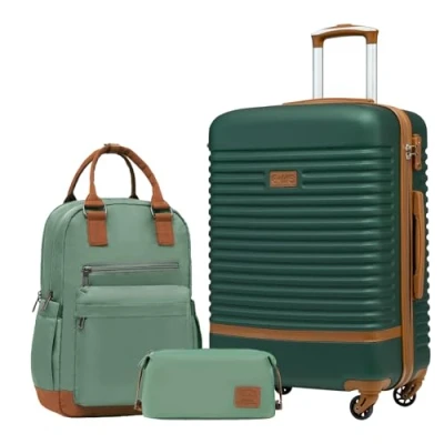 Abbildung von COOLIFE Koffer Trolley Reisekoffer von ABS Hartschalen 4 Rollen TSA Schloss Der Enthält 1 Reiserucksack und Kulturbeutel (Dunkelgrün/Braun, Mittlerer Set 3tlg)