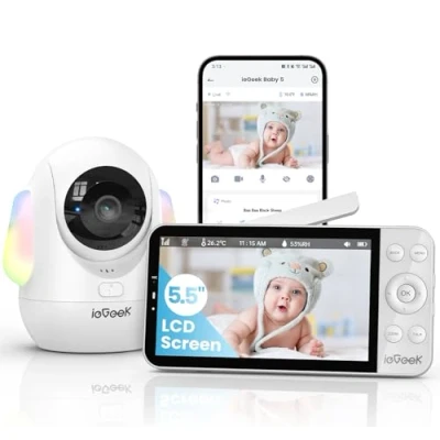 Abbildung von ieGeek Babyphone mit Kamera 2,5K/4MP, 5,5 Zoll WLAN Video babyfone PTZ 360, Intelligentes Nachtlicht, Automatische Verfolgung, Weinen/Bewegungs/Geräuscherkennung, Temperaturanzeige,Mobile App