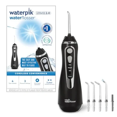 Abbildung von Waterpik Kabellose Munddusche Advanced, 4 Aufsätze, Druckbereich 3,1 5,2 bar, 3 Druckeinstellungen, Induktionsladesystem, Schwarz