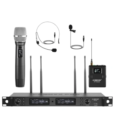Abbildung von Phenyx Pro Wireless mikrofon Karaoke funkmikrofon Set Dual kabellos, Auto Scan, 2x1000 Kanäle, inkl. Handheld/Bodypack/Headset/Lapel Mics für Bühne &amp; Studio (PTU 2U 1H1B)